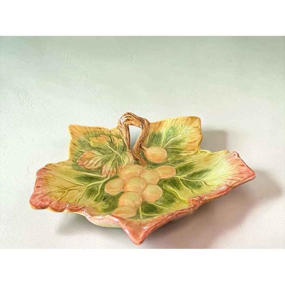Fitz & Floyd Grape Vine Leaf Candy Nuts Trinket Bowl Dish Pastel Colors VTG